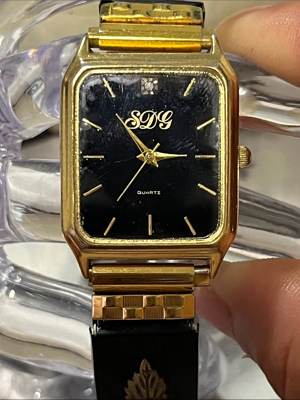 Gold-Tone Women's Watch with Black Dial and Black Bracelet Accent